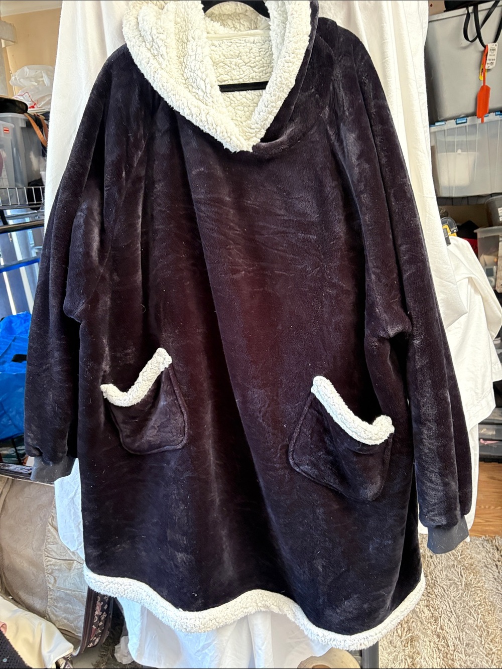 Plush Sherpa-Lined Cowl Neck Sweater - Black with Cream Trim